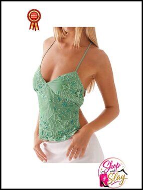 Sequin Beaded V Neck Criss Cross Backless Cami Party Top